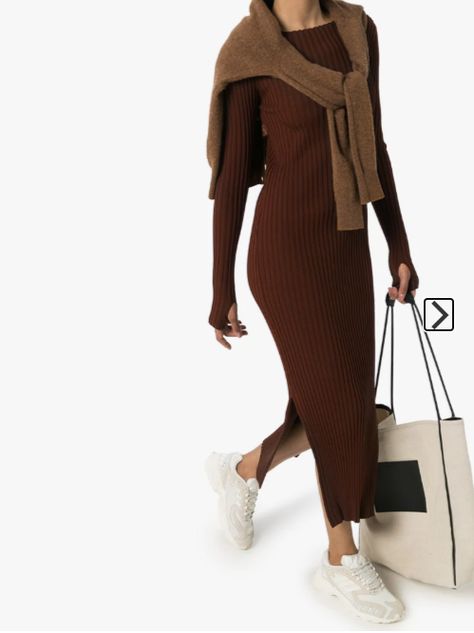 Knit Dress Outfit, Knitted Dress Outfit, Dress Outfit Winter, Midi Dress Outfit, Brown Midi Dress, Knit Wear, Mum Fashion, Winter Dress Outfits, Fall Capsule Wardrobe