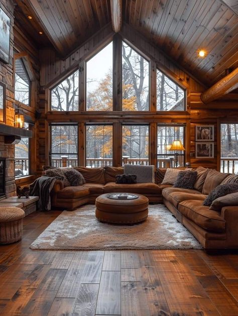 Cozy Log Home, Beach Log Cabin, Log Cabin Big Windows, House With Property, Mountain Dream Homes Interior, Log Houses Interior Modern, Old Farm Style House Interior, Log Cabin Style Living Room, Wood Ranch House