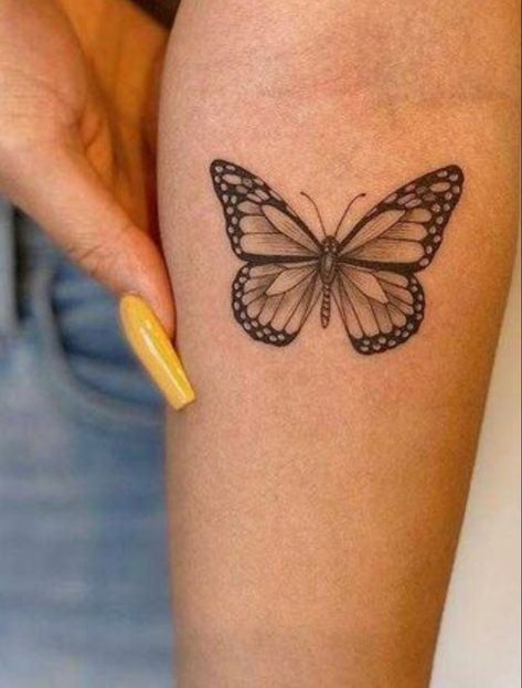 Monarch Butterfly Tattoo Black And White, Feminine Butterfly Tattoo, Realistic Butterfly Tattoo, Monarch Butterfly Tattoo, Back Of Arm Tattoo, Butterfly Tattoos For Women, Healing Tattoo, Butterfly Tattoos, Tattoo Script