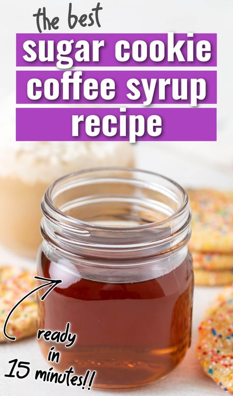 This Sugar Cookie Coffee Syrup is a holiday favorite! It has all of the warm, comforting flavors of a classic sugar cookie, but can be added to coffee drinks, cocktails, baked goods, you name it! Homemade Coffee Syrup | Starbucks Drink Recipes | Coffee Drink Recipes | Coffee Drinks | Tea Drinks | Latte Recipe | Creamer Recipe | Syrup Recipe | Coffee Drinks | Coffee Syrups | Coffee Bar | Iced Coffee | Simple Syrup | Sugar Cookie Syrup Recipe, Christmas Coffee Syrup Recipe, Sugar Cookie Coffee Syrup, Cookie Butter Coffee Syrup, Coffee Syrup Flavor Combinations, Starbucks Drinks Recipes Coffee, Sugar Free Simple Syrup Recipe, Sugar Cookie Coffee, Starbucks Drink Recipes