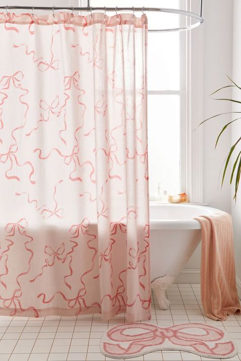 White Black And Pink Bathroom, Cute Bathroom Shower Curtains, Cute Bathroom Curtains, Light Pink Shower Curtain, Shower Curtain With Bows, Uo X Pinterest, Dorm Bathroom Ideas, Pink And White Bathroom, Pink Bathroom Decor Ideas