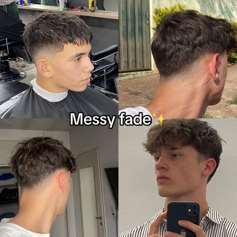 Messy fade men’s haircut Messy Hair Haircut, Men Messy Haircut, Guy Hairstyles Short Straight Hair, Drop Fade Messy Fringe, Low Fade Messy Hair, Messy Fringe Haircut Men Taper, Aesthetic Messy Hairstyles, Messy Comb Over Men, Messy Haircut For Men