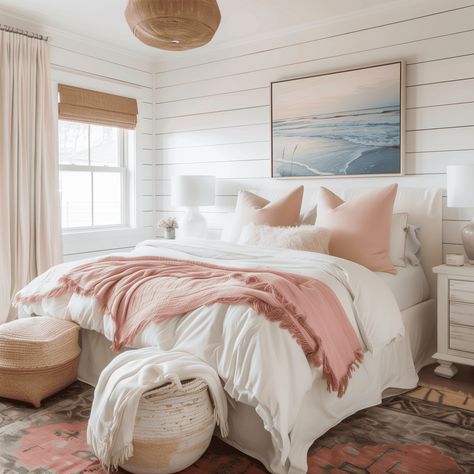 Tranquil White Coastal Bedroom with Pink Accents [Room Inspiration] Coral Themed Bedroom, Blue And Pink Coastal Bedroom, Pink Costal Bedroom, Florida Girl Bedroom, Girls Coastal Bedroom, Coastal Pink Bedroom, Pink Room Decor Ideas Bedrooms, Pink Beach Bedroom, Pastel Boho Bedroom