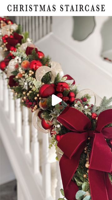 Anna King on Instagram: "#ad I’m officially welcoming guests into my home this Christmas with this extravagant staircase garland I created using the @bluediamond.homeandgarden Christmas range!  This year my theme is all about the fruits & berries & rich colours that remind you of a stately home Christmas! I had so much fun shopping @bluediamond.homeandgarden & was truly spoilt for choice! The most magical part for me is these led cluster lights that took my garland to the next level!  I’ve always wanted to adorn out staircase with a huge garland for the Christmas season so I decided to go big! I will be sharing a more detailed tutorial on how I created this in stories, so don’t miss it!  MY TOP TIPS: ✨Twist 2 or 3 garlands together to create a fuller look ✨Add lights before attaching to yo Wreath In Stairwell, Red And White Christmas Staircase, Christmas Decor With Garland, Garland With Ribbon Christmas, Newel Post Christmas Decorations, Christmas Garland Chandelier, Xmas Hallway Decorating Ideas, Christmas Stair Case Ideas, Stairs Christmas Decorations Railings