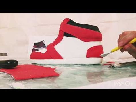 Jordan Shoe Cake Tutorial (all edible) - YouTube | Nike cake, Jordan cake, Shoe cakes How To Make A Shoe Cake, Nike Shoe Cake Ideas, Nike Shoe Box Cake, Shoe Cake Ideas, Nike Jordan Cake, Nike Shoes Cake, Air Jordan Shoe Cake, Nike Shoe Cake, Air Jordan Cake