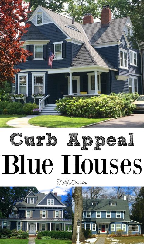 Blue House Curb Appeal, Navy Blue House Landscaping, Navy Blue House White Trim, Shutter Colors For Blue House, Dark Blue Houses With White Trim, Landscaping Blue House, Navy Blue Houses With White Trim, Blue House Paint Colors, Dark Blue House Exterior With Wood Farmhouse