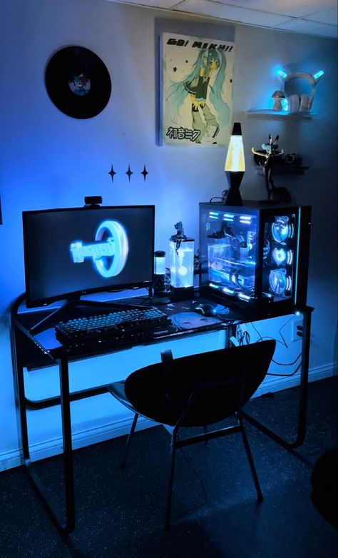 Dark Cybercore Room, Black Furniture Aesthetic, Cybercore Setup, Futuristic Room Aesthetic, Cybercore Room, Small Room Setup, Dark Blue Rooms, Ocean Room Decor, Blue Room Decor