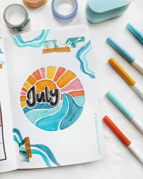 Bullet Journal Ideas July, Journal Ideas July, Summer Bullet Journal Cover, Summer Bullet Journal Ideas, July Bullet Journal, Bullet Journal Month, Bullet Journal Cover, Bullet Journal Ideas Templates, Bullet Journal Spreads