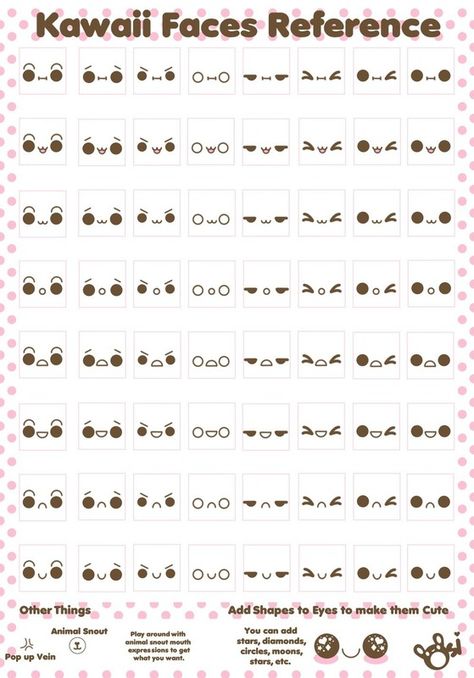 Kawaii Eyes Faces Reference, Kawaii Faces, Face Reference, Kawaii Doodles, Animal Faces, Drawing Tutorials, Kawaii Drawings, Kawaii Art, Japanese Design