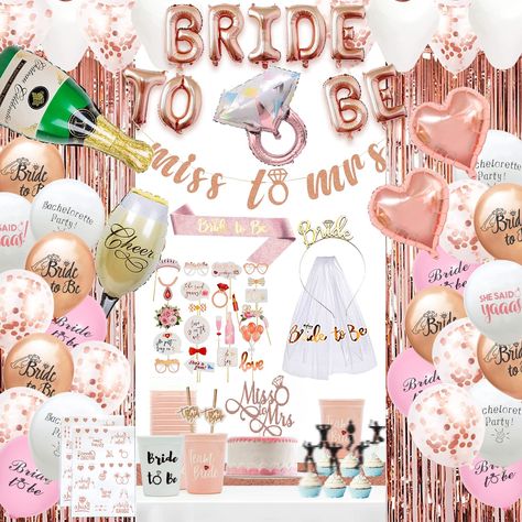 PRICES MAY VARY. 🎉【Rose Gold Bridal Shower Party Decorations】We want to help you create a unique and glamorous experience with the sweet bride decorations. DIY your bachelorette party decoration, Because we want to make memories that will last a lifetime with this amazing, all-inclusive kit that has everything you need for an unforgettable party 🎉【Bachelorette Party Decor Kit】Our rose gold bridal shower party decorations including 52pcs latex balloons, 1set BRIDE TO BE foil balloons, 23pcs pho Gold Bachelorette Party Decorations, Bachelorette Party Tattoo, Bachelorette Party Veils, Bridal Shower Bachelorette Party Ideas, Veil Headband, Gold Bachelorette Party, Hen Party Decorations, Party Veil, Bride To Be Balloons