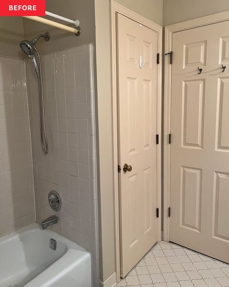 Expanding Bathroom Before And After, 90s Bathroom Update Master Bath, Bathfitters Before And After, Bathroom Before And After, Closet And Bathroom Combo, Old Bathroom Makeover, Beige Bathroom Tiles, Large Bathroom Cabinets, 1980s Bathroom