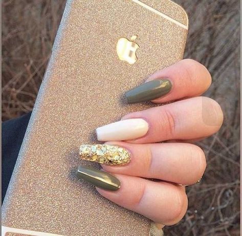 Nailart Tutorial, Olive Nails, Gold Glitter Nails, Gel Nail Art Designs, Green Nail Designs, Nails Green, Fall Acrylic Nails, Super Nails, Ballerina Nails