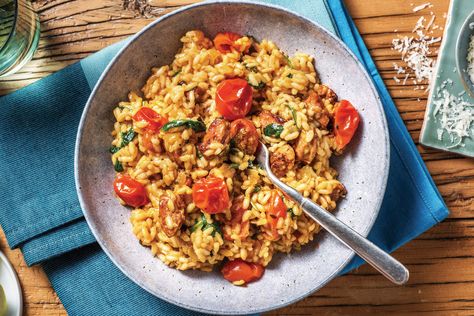 Chorizo, Roasted Cherry Tomato & Spinach Risotto with Parmesan Cheese Chorizo Risotto, Baked Risotto, Spinach Risotto, How To Cook Chorizo, Tomato Risotto, Tomato Spinach, Risotto Recipe, Roasted Cherry, Roasted Cherry Tomatoes