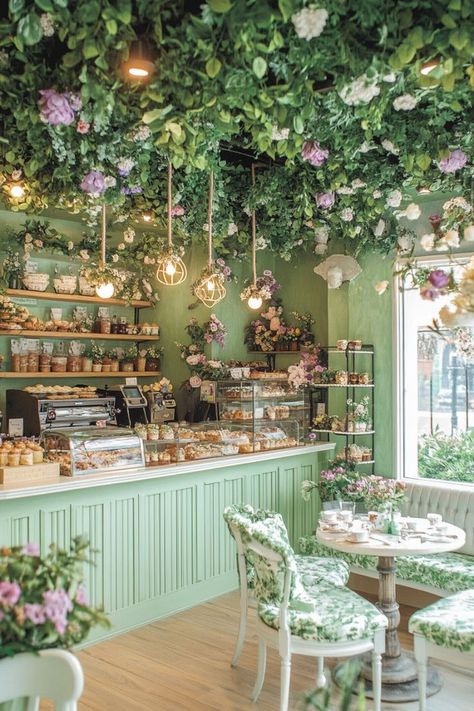 Flower Wall Cafe Coffee Shop, Bakery With Flowers, Herbal Shop Interior, Greenhouse Tea Room, Fancy Bakery Interior, Flower Coffee Book Shop, Colorful Bakery Interior, Brunch Interior Design, Bakery Shop Design Interiors