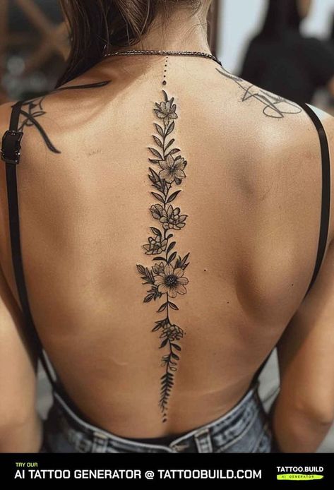 Vine Spine Tattoos for Females - Tattoo Build Colored Spine Tattoo, Vine Down Spine Tattoo, Vines Wrapping Around Arm Tattoo, Flower Tattoos With Vines, Tattoo Ideas Forearm Female, Women’s Back Tattoos Spine Flowers, Spine Tattoos For Women Vines, Tattoo Ideas Female Vines, Shoulder Vine Tattoos For Women