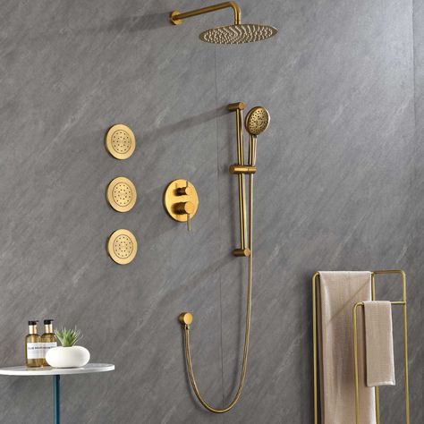 12 Waterfall Rainfall Shower System with Round Shower Head - Brushed Gold Natural Rain, Rain Shower System, Gold Shower, Dual Shower Heads, Shower Faucet Sets, Rainfall Shower Head, Tub Spout, How To Clean Metal, Handheld Shower Head