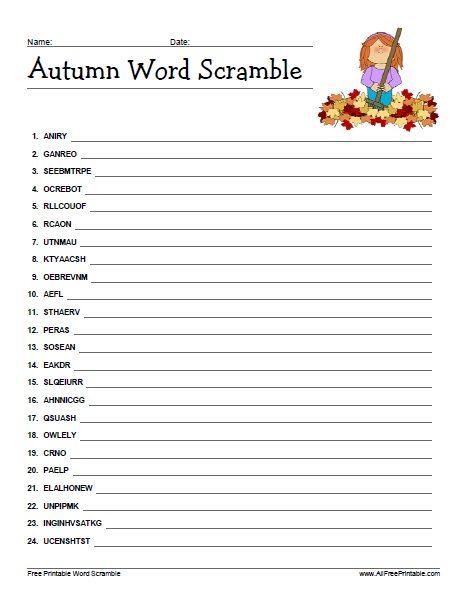 Free Printable Autumn Word Scramble Word Unscramble, Fall Word Search, Christmas Worksheet, Word Puzzles For Kids, Puzzle Printable, Autumn Puzzle, Printable Crossword Puzzles, Fall Worksheets, Unscramble Words