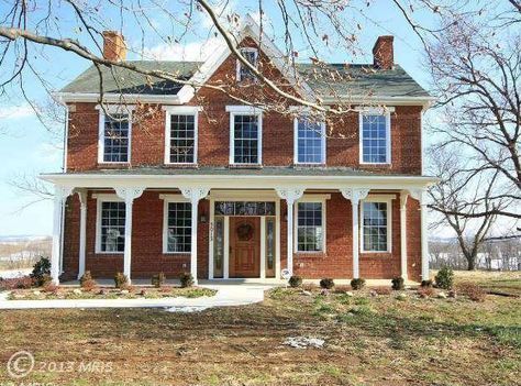 Farmhouse Friday: Knoxville, MD brick farmhouse Brick Farmhouse Exterior, Brick Farmhouse, Colonial Farmhouse, Red Brick House, Farmhouse Porch, Farmhouse Style House Plans, Old Farm Houses, House With Porch, Up House