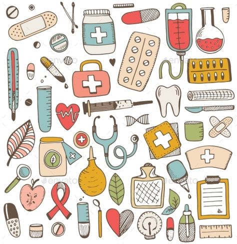 Health care and medicine elements set. Vector sketch illustration. Medicine pattern. Medicine Illustration, Medical Drawings, Medical Stickers, Kedokteran Gigi, Vector Doodle, Science Stickers, 동화 삽화, Dot Journals, Vector Sketch