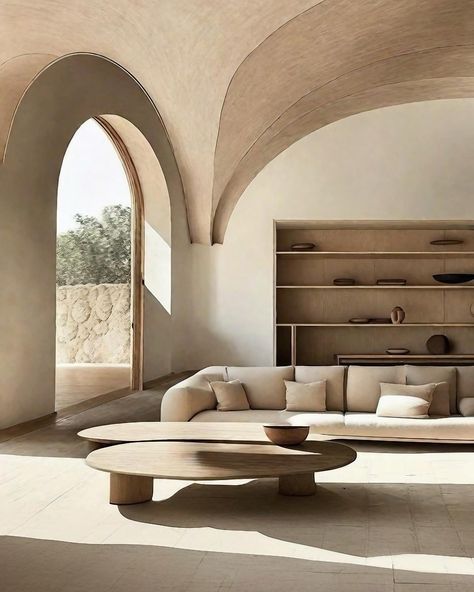 Minimalistic Dream Home in calming earth tones. Soothing beige lime wash walls, accentuated by the gentle curves of round arches. Stone and wood furniture add warmth and texture, embodying the essence of modern rustic charm. Which room is your favorite? 💖 #wabisabi #japandi #wabisabiinteriors #japandiinterior #aidesign #organicmodern #interiordesign #limewash Natural Tones Interior, Wabi Sabi Rug, Wabisabi Interiordesign, Wash Walls, Dr Office, Lime Wash Walls, Lime Wash, Product Rendering, Stone And Wood