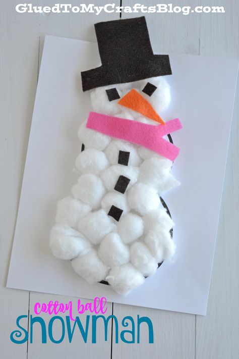 Cotton Ball Snowman Kid Craft w/free printable template Cotton Ball Snowman, Cotton Ball Crafts, Ball Craft, Snowman Craft, Preschool Christmas Crafts, Sand Crafts, Crafts For Seniors, Kid Craft, Winter Crafts For Kids