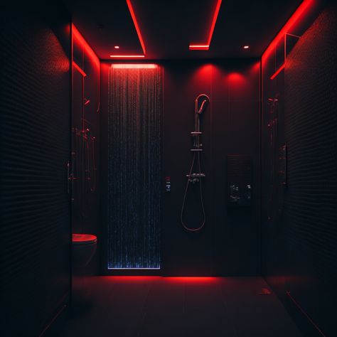 Black And Red Bathroom Ideas Decor, Bathroom Red Lights, Red Lights In Bedroom, Red And Black House Interior, Red Shower Aesthetic, Bathroom Vibes Aesthetic Led Lights, Dark Red Bathroom Aesthetic, Black And Red House Interior Design, Red Black Room Aesthetic