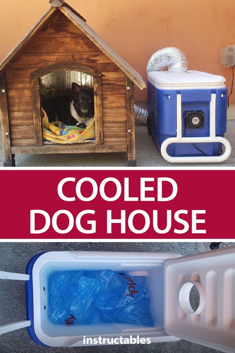 The Hot Dog House is a pet house that is cooled via a cooler setup to keep your dogs from getting too hot during the summer months. #Instructables #outside #AC #portable Dog House With Ac, Shade For Dogs, Easy Dog House, Outside Dog Houses, Portable Dog Kennels, Dog Kennel Designs, Diy Dog Kennel, Dog House Plans, Outdoor Dog House