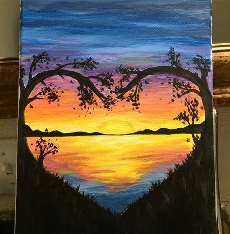 Tree In Sunset Painting, Paint N Sip Ideas Easy, Wood Painting Art Simple, Couple Paint And Sip, Couple Painting Ideas On Canvas, Romantic Canvas Painting, Love Painting Romantic, Canvas Painting Sunset, Romance Painting