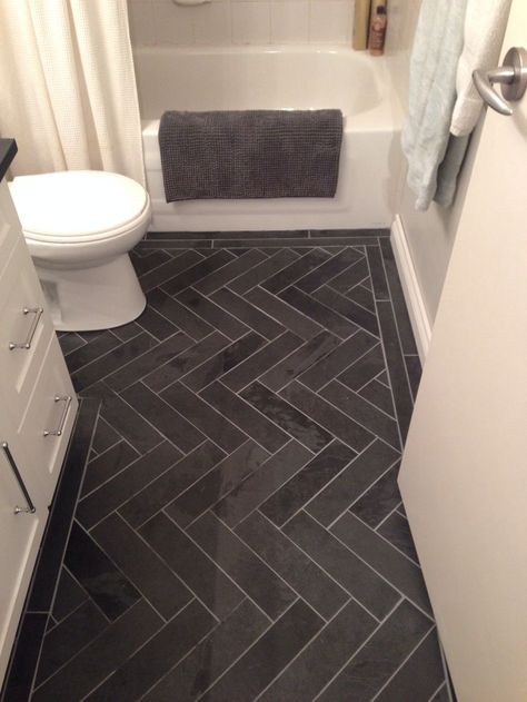 Honed Marble Floors in the Bathroom                                                                                                                                                                                 More Slate Bathroom Floor, Slate Bathroom, Makeover Kamar Mandi, Black And White Tile, Tiles Ideas, Grey Bathroom, Bad Inspiration, Herringbone Floor, Tile Flooring