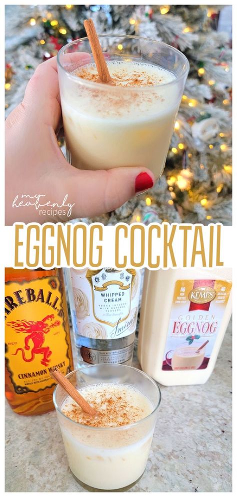 eggnog cocktail Fireball Eggnog, Whipped Cream Vodka Recipes, Whipped Vodka Drinks, Eggnog Cocktail Recipe, Easy Christmas Drinks, New Years Eve Cocktail, Whisky Drink, Alcoholic Eggnog, Eggnog Pie