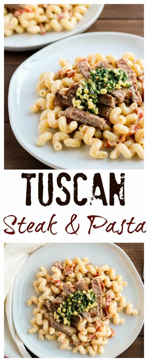 Tuscan Steak and Pasta - This incredibly flavorful Tuscan Steak and Pasta recipe can be on the table in less than 30 minutes! Pasta and sundried tomatoes are covered in creamy alfredo sauce, then topped with steak and lemony pine nuts and fresh basil. Simple, yet impressive, this meal is as perfect for a busy weeknight dinner as it is for entertaining company. | #dlbrecipes #steak #pasta #tuscansteak #alfredopasta Tuscan Steak, Steak And Pasta, Tuscan Pasta, Skirt Steak Recipes, Creamy Alfredo Sauce, Tuscan Recipes, Steak Pasta, Creamy Pasta Recipes, Best Pasta Recipes