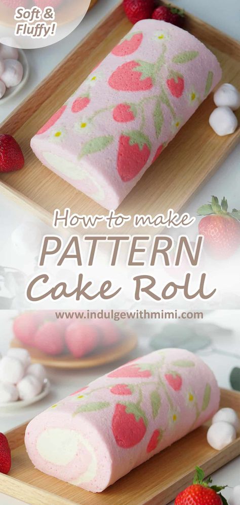 Roll Cakes With Designs, Cake Sandwich Ideas, Cake Roll From Box Cake, Pattern Cake Roll, Japanese Roll Cake, Jelly Roll Cake, Swiss Roll Cakes, Strawberry Roll Cake, Fancy Pattern