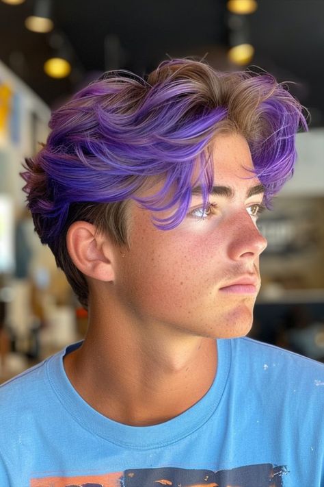 Peacock Bright Purple Hair Color Melt for Men Guy Colored Hair, Coloured Hair Men, Men’s Colored Hair, Guy Purple Hair, Boys Hair Colour, Mens Colored Hair, Men’s Dyed Hair Ideas, Mens Hair Dye Ideas Colour, Men Colored Hair