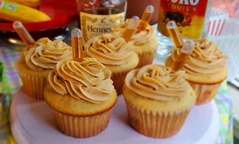 Fluffy Hennessy moist vanilla cupcakes topped with a sweet salted Hennessy Caramel Hennessy Cupcakes Recipe, Bridget Hennessy, Alcohol Cupcakes Recipes, Infused Cupcakes Recipes, Hennessy Cupcakes, Buttermilk Caramel, Infused Desserts, Boozy Cakes, Baileys Cupcakes