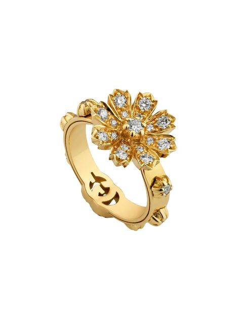 Shop gold & metallic Gucci 18kt yellow gold floral ring with Express Delivery - Farfetch Diamond Flower Ring, Gucci Flora, Flower Symbol, Designer Rings, Gucci Jewelry, Floral Ring, Diamond Guide, Diamond Flower, Gold Floral