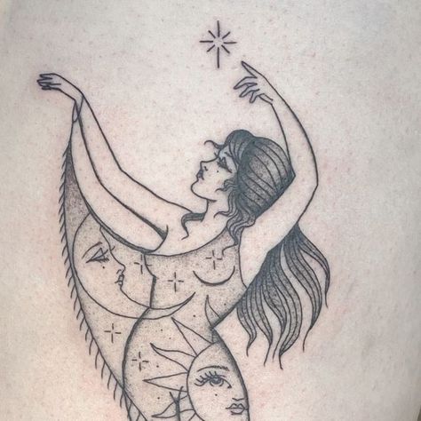 Sarah Whitehouse on Instagram Dainty Realism Tattoo, Serene Tattoo Ideas, Two To Look One To See Tattoo, Witchy Women Tattoo, Witch Riding Broom Tattoo, Witchy Pinup Tattoo, The Fates Tattoo Greek, Desi Tattoos For Women, Feminine Spiritual Tattoos