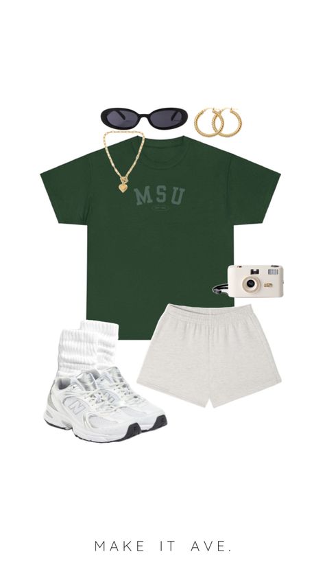 Michigan state outfit inspiration. Shop the Michigan state, green msu tshirt at https://makeitave.etsy.com/listing/1756951537   trendy tee, trendy t shirt, michigan state shirt, michigan state tee, msu shirt, msu tee, cute gameday outfit, college tshirt, college tee, michigan state university, vintage style, street style, vintage college t shirt, vintage graphic tee, vintage msu tshirt, vintage msu shirt, msu tailgate outfit inspiration, michigan state tailgate outfit inspiration, msu game day outfit inspiration, michigan state game day outfit inspiration, college outfit inspiration, green, white, msu, white shirt, green shirt College Class Outfits Athletic, University Shirt Outfit, University Class Outfit, Class Outfit Inspo College, Comfy Game Day Outfit, Michigan State Tailgate Outfits, Msu Game Day Outfit, Green Game Day Outfit, Green Gameday Outfit