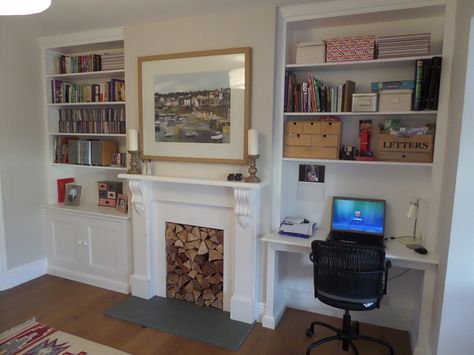 exeter alcove 5 Desk In Living Room Next To Fireplace, Fireplace With Desk Built In, Built In Desk Fireplace, Built In Office In Living Room, Built In Desk In Cupboard, Bedroom With Alcoves Ideas, Desk Beside Fireplace, Built Ins Around Fireplace With Desk, Desk In Alcove Spaces