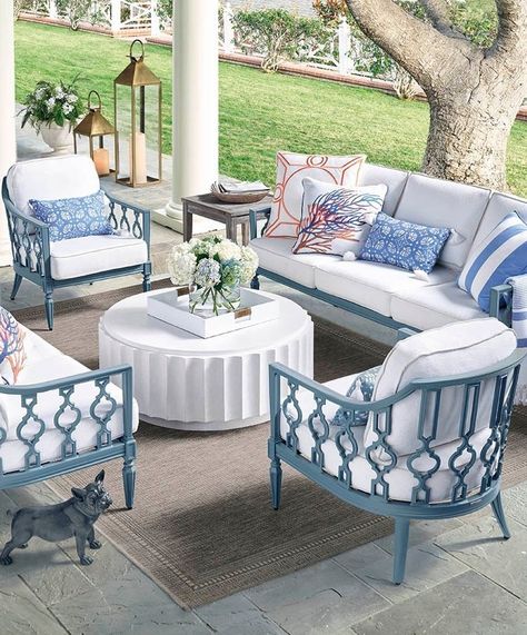 Stylish Patio Furniture, Sunroom Furniture, Blue Patio, Blue White Decor, Porch Furniture, Patio Furniture Ideas, Outdoor Living Room, Outdoor Furniture Collections, Indoor Outdoor Pillows