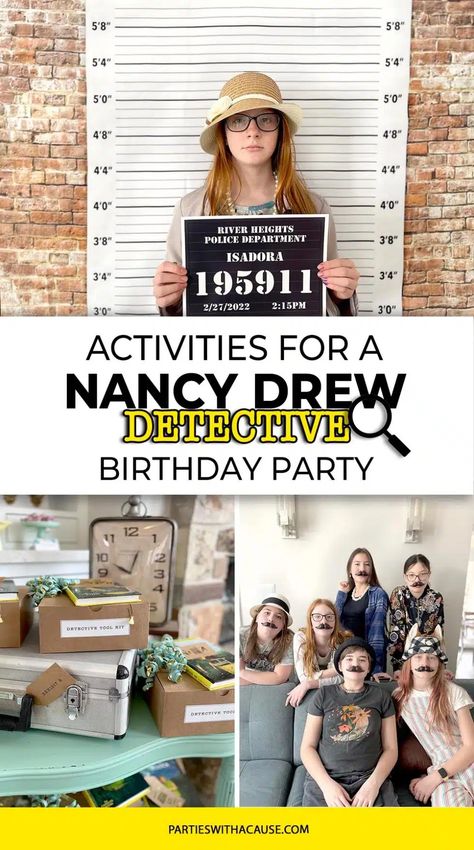 Host a Nancy Drew party they'll never forget with some awesome party activities! Take mug shots and finger prints and complete a mystery solving scavenger hunt! Get all the ideas and tricks for easy planning at PartiesWithACause.com Nancy Drew Birthday Party Ideas, Kids Mystery Party, Nancy Drew Party, Party Scavenger Hunt, Mystery Party, Nancy Drew, Party Activities, 9th Birthday, Scavenger Hunt