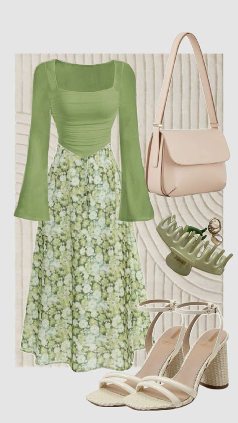 #easteroutfit #summer #springoutfit #modest #sagegreen #skirt #floral #churchoutfit #ootd #sweater #outfitinspo #greenaesthetic #fit #modestfashion Modest Outfits With Heels, Floral Winter Outfit, Modest Outfit For Summer, Modest Fashion Outfits Summer Casual, Green Girl Outfit, Modest Corset Outfits, Modesty Outfits Summer, Floral Skirt Outfits Aesthetic, Green Floral Skirt Outfit