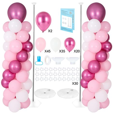 PRICES MAY VARY. 🎁102Pcs Balloons Included- Lanboon balloon column stand packed in a comprehensive box that included everything you need even 102pcs BALLOONS. The balloon stand kit: stainless steel telescopic rod x 2, base x 2, top cup x 2, water bag x 2, balloon clip x 30, knotter x 1, 10 meters ribbon x 1, user guide x 1. The balloons list: 10” pink x 45, 10” white x 35, 10” metallic hot pink x 20, 18” metallic hot pink x 2, so you don’t need to spend extra time to buy any balloons. 🎀Balloon Balloon Tower Stand, Simple Balloon Decorations, Birthday Ballon Decorations, Balloon Column Stand, Simple Balloon Decoration, Balloon Decorations Diy Tutorials, Pink Balloon Arch, Balloon Arch Backdrop, Balloon Hacks