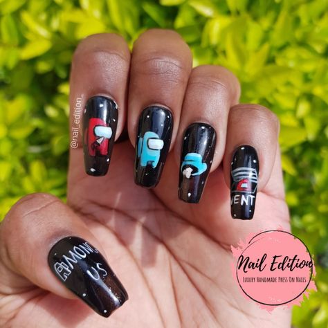 Among us inspired press on nails. #handpaintednails Among Us Nails, Kid Nails, Nails For Kids, Cat Kuku, Fancy Nails, Us Nails, Nails On Fleek, Among Us, Acrylic Nail Designs