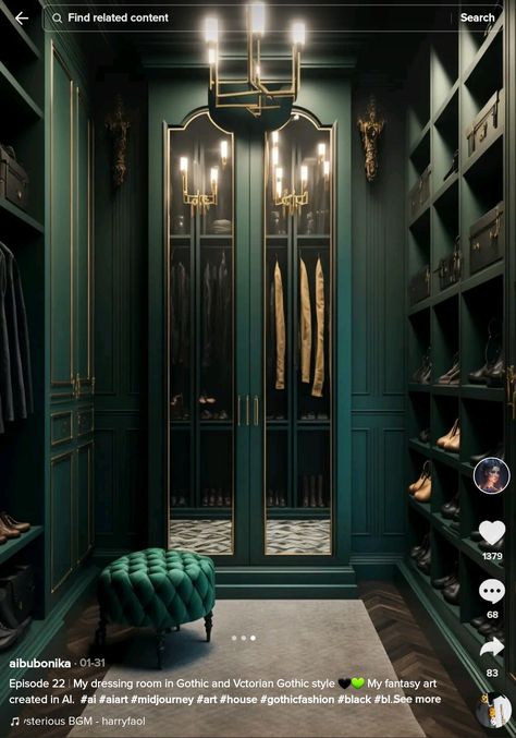 Dark And Moody Master Closet, Gothic Closet Aesthetic, Emerald Green Closet, Slytherin Aesthetic Home Decor, Dark Green Dressing Room, Green Walk In Wardrobe, Dark Academia Walk In Closet, Slytherin House Decor, Slytherin Interior Design