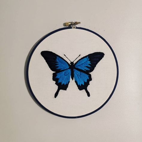 Blue and black butterfly embroidery hoop art home decor available for sale on Etsy Blue Butterfly Embroidery Pattern, Blue Butterfly Embroidery, Blue And Black Butterfly, Hoop Art Wall Decor, Navy Blue Paint, Hoop Art Wall, Butterfly Outline, Navy Embroidery, Embroidery Hoop Wall Art