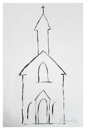 Painting Churches On Wood, Painted Churches On Wood, Long Narrow Paintings, Church Paintings On Wood, Church Drawing Easy, Farmhouse Art Painting, Country Church Painting, Church Doodles, Simple Christmas Paintings