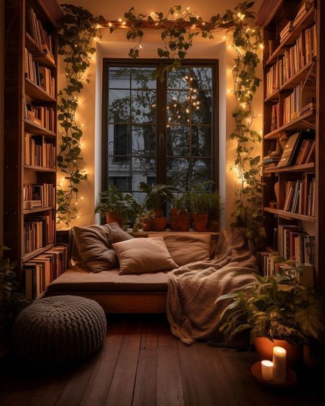 Loving this cozy book nook🧡✨ AI generated images via @cozyhomeshots #cozyhomeshots #hometohave #currenthomeview #handmademodernhome… | Instagram Dream Home Library, Cozy Home Library, Home Library Rooms, Cozy Rooms, Home Library Design, 아파트 인테리어, Aesthetic Rooms, Dream Room Inspiration, Dream House Interior