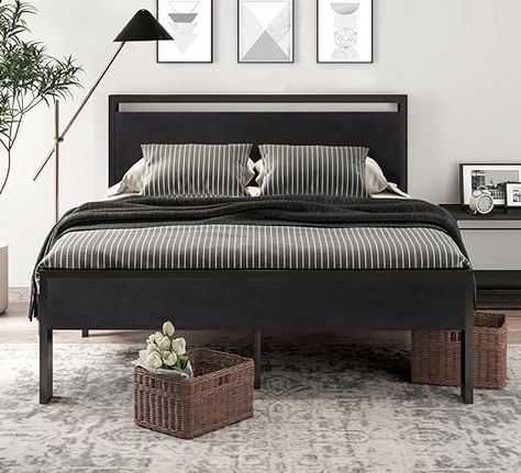 The combination of rustic style headboard and footboard with retro frosted metal slats creates a strong industrial / rustic flair, adding an industrial and unique touch to your room. The headboard consists of a waterproof & scratchproof wood board. A 14-inch platform features 12 inches of under-bed space perfect for storing extra odds and ends. No further tools are needed for this metal bed frame. It only takes about 30 mins for an adult to put it together. Black Wooden Bed Frame Modern, Black Wooden Bed Frame Rustic, Black Platform Bed With Headboard, Black Wooden Bed, Black Platform Bed With Storage, Platform Bed Wood, Metal Platform Bed Frame, Black Metal Platform Bed 18in, Tufted Upholstered Bed