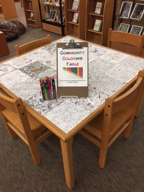 Community Coloring Table | Passive Programming | School Library Passive Programming Library, Passive Programming, School Library Decor, Makerspace Library, Passive Programs, School Library Design, School Library Displays, Teen Library, Library Center