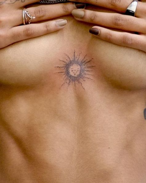 Star Catcher, Single Needle Tattoo, Sun Tattoos, Sun Tattoo, Sun And Stars, Dope Tattoos, Star Tattoos, Tattoo Placement, Chest Tattoo